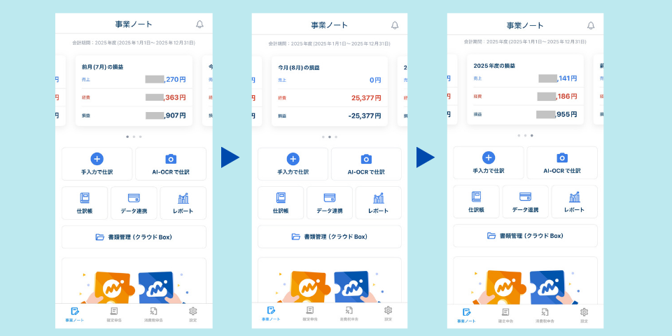 MFクラウド確定申告のスマホアプリホーム画面
