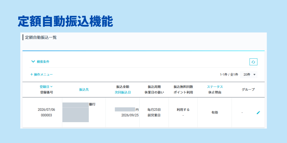 GMOあおぞらネット銀行の定額自動振込の画面